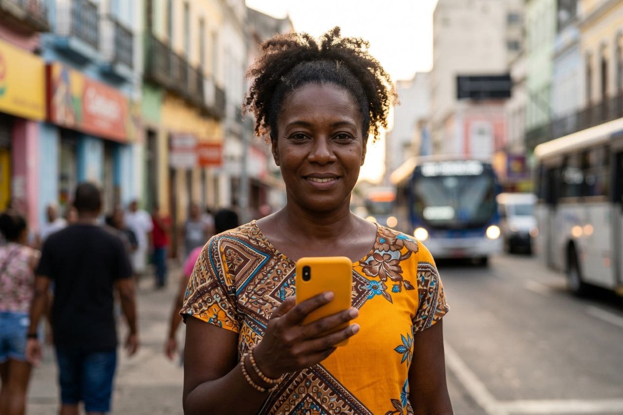 Mulher sorrindo com o celular na mão numa rua movimentada